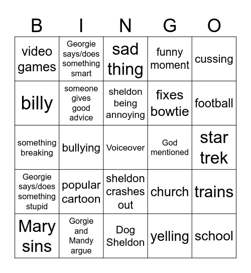 Young sheldon Bingo Card