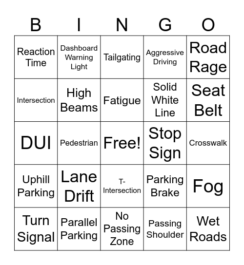 Driver's Ed Bingo Card