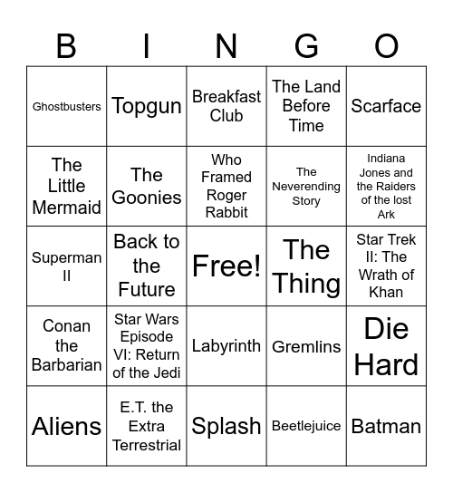 80s Movies Bingo Card