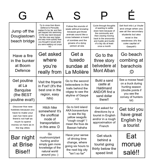 Gaspé Bingo Card