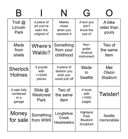 West Seattle Garage Sale Day Bike Bingo Card