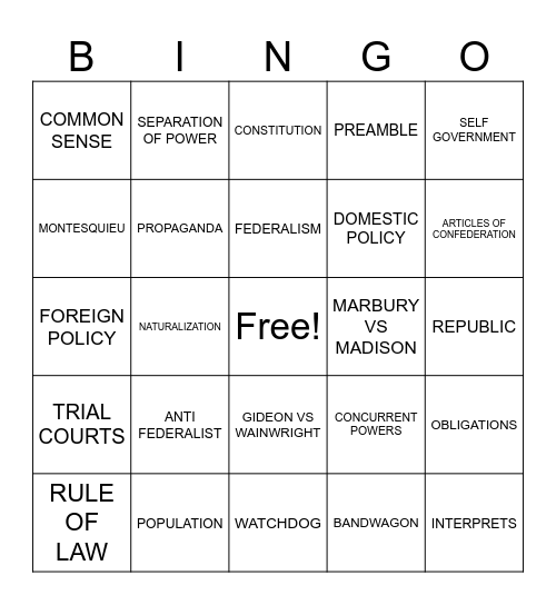 CIVICS EOC BINGO Card