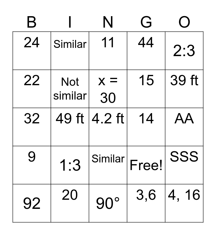 Similar Polygons Bingo Card