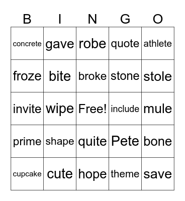 silent e Bingo Card