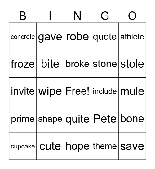 silent e Bingo Card
