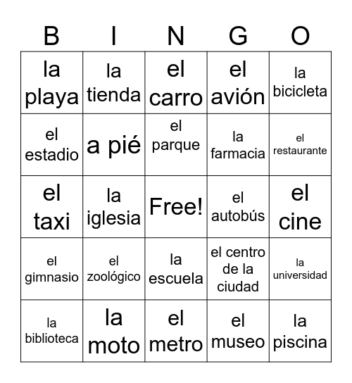 Los lugares y el transporte público Bingo Card