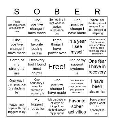 Recovery Bingo Card