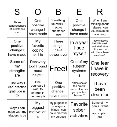 Recovery Bingo Card