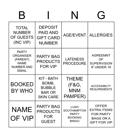 Party Bingo Non Negotiables Bingo Card