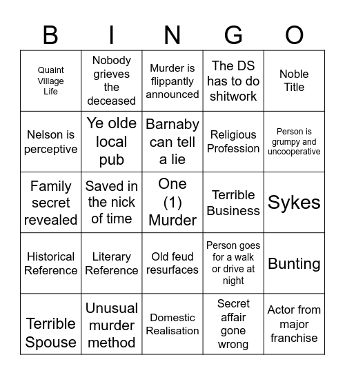 Midsomer Murders: Causton Drift Bingo Card