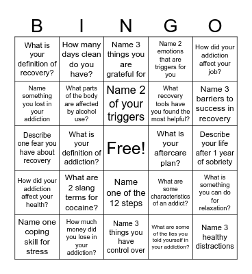 Recovery Bingo! Bingo Card