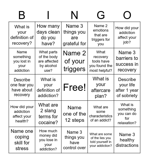 Recovery Bingo! Bingo Card