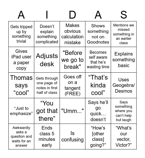 Aidas MTH254 2.0 Bingo Card