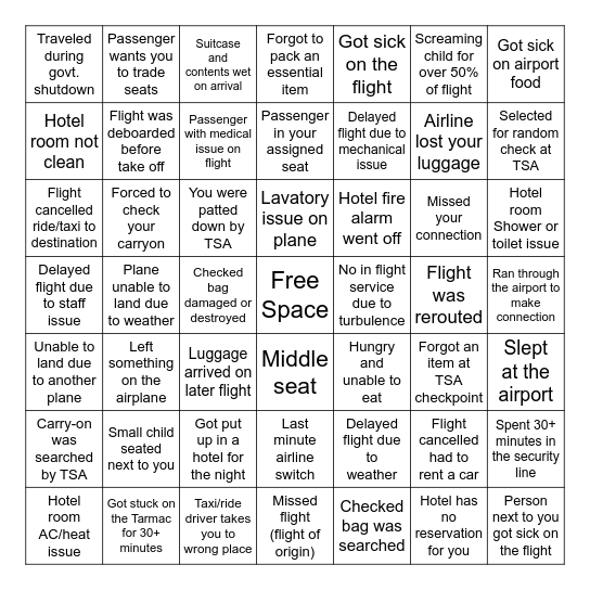 Work Travel Bingo Card