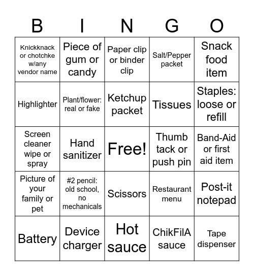 Desk Scavenger Hunt Bingo Card
