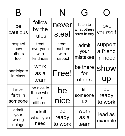 Integrity bingo Card