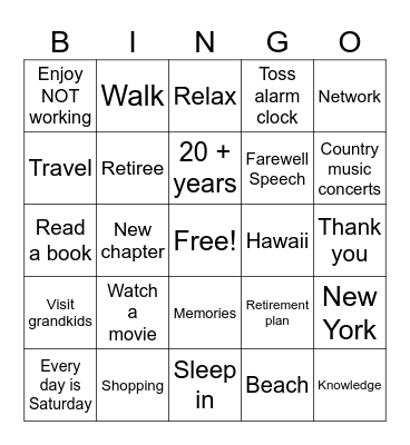Retirement Bingo Card