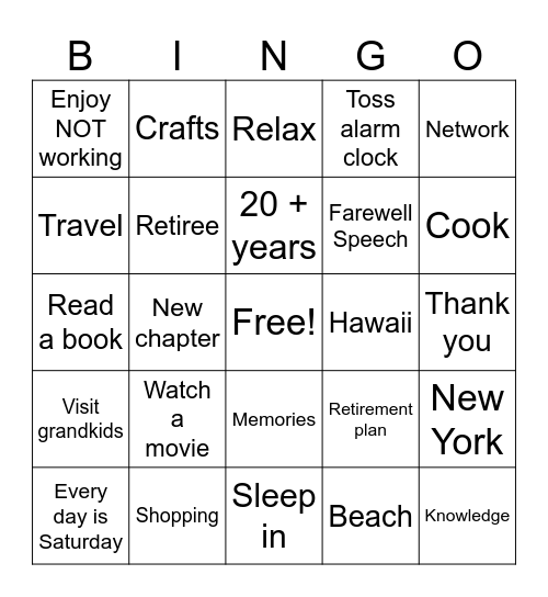 Retirement Bingo Card