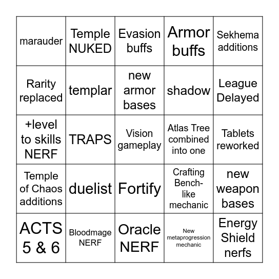 PoE 2 Patch 0.5 wishes Bingo Card