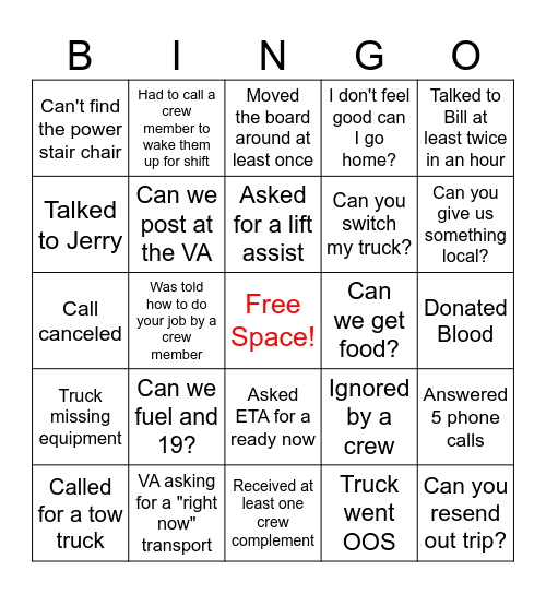 Dispatch EMS Week Bingo Card