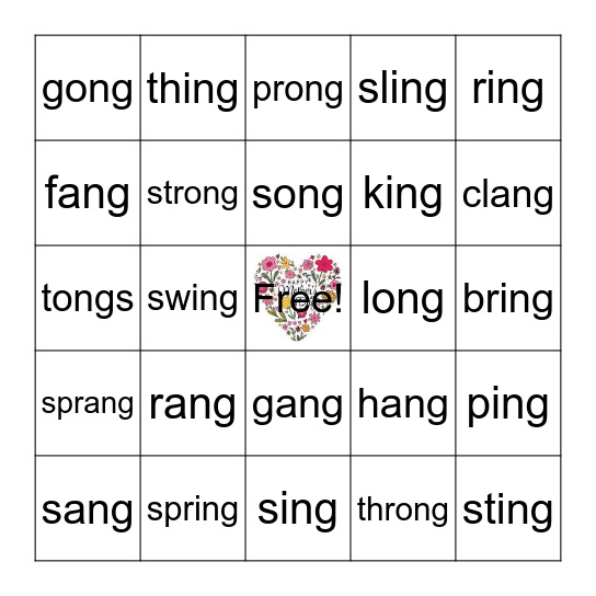 ang, ing, ong Bingo Card