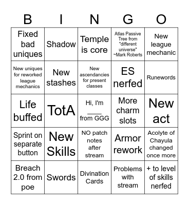 Poe 0.5 Bingo Card