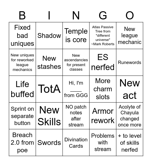 Poe 0.5 Bingo Card
