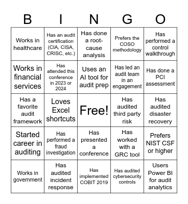 ISACA/IIA Networking Bingo Card