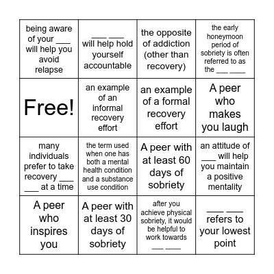 Recovery Bingo Card