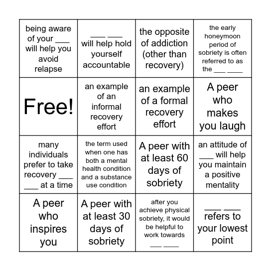 Recovery Bingo Card