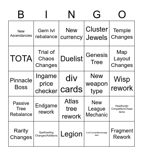POE .5 Bingo Card