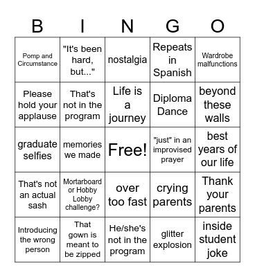 Graduation Bingo Card