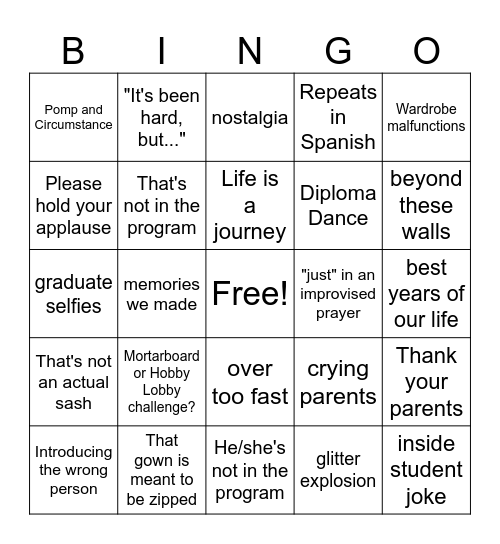 Graduation Bingo Card