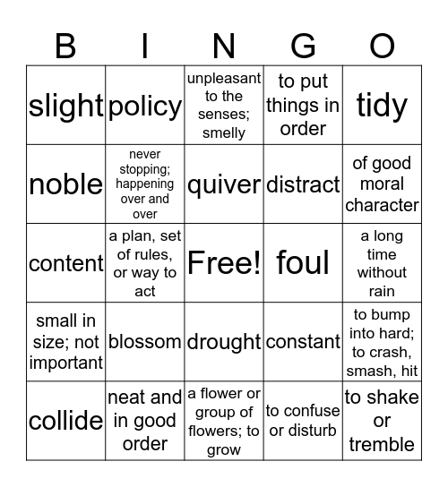 Level Orange Unit 6 Vocabulary Bingo Card