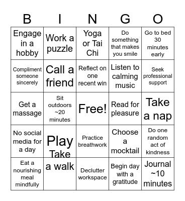 Stress Bingo Card