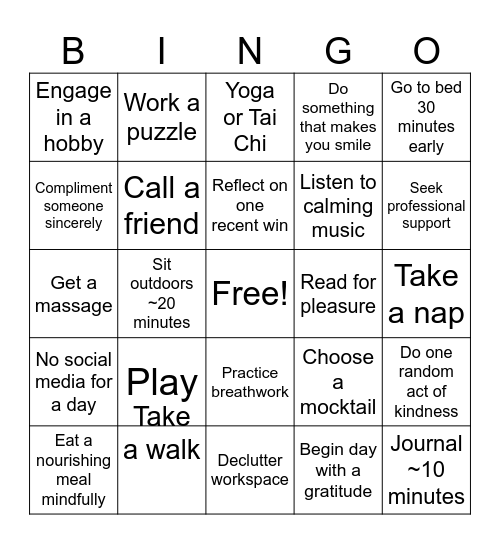 Stress Bingo Card