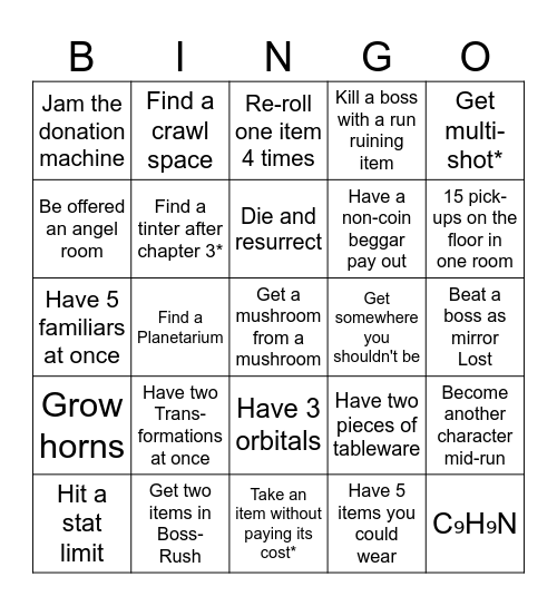The Binding of Isaac Bingo Card