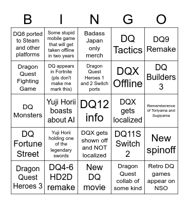 Dragon Quest 40th Anniversary Bingo Card