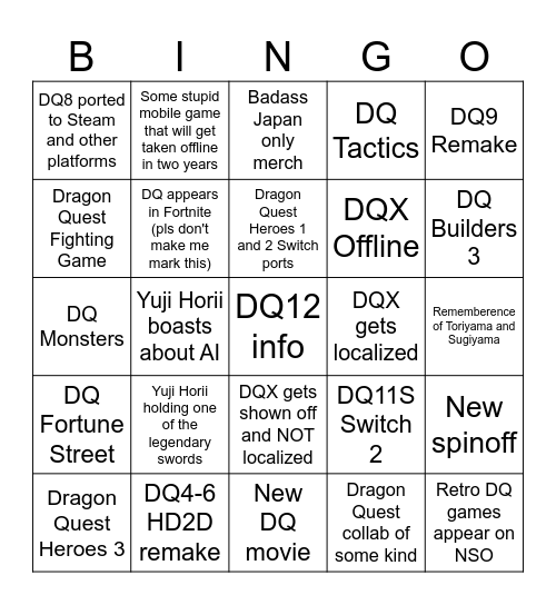 Dragon Quest 40th Anniversary Bingo Card