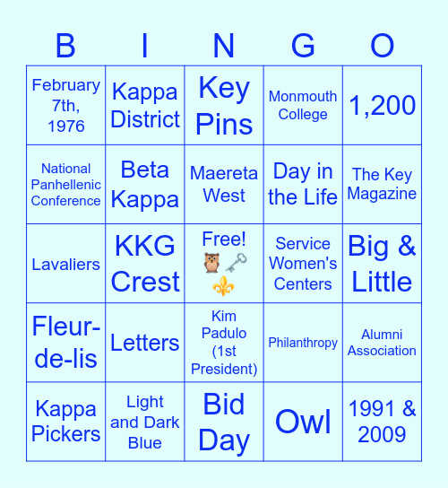 Kappa Kappa Gamma Bingo Card