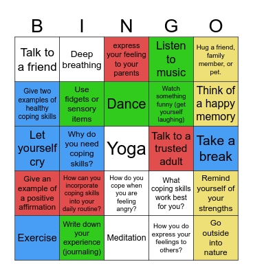 Family Changes Coping Skills Bingo Card