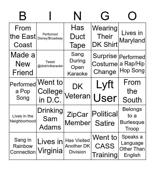 District Karaoke BINGO Card