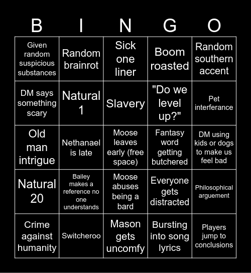 Dungeons and Dinos Bingo Card