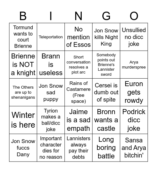 GoT S8 bingo Card