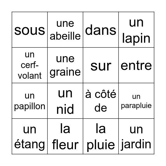 le printemps et les prépositions de lieu Bingo Card