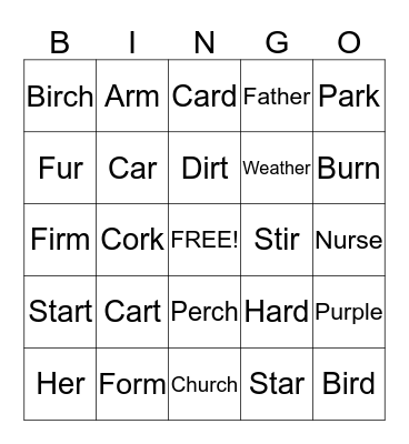 R controlled vowels Bingo Card