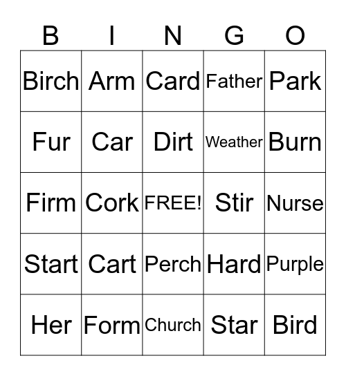 R controlled vowels Bingo Card