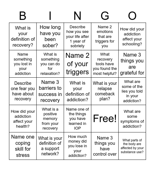 Recovery Bingo! Bingo Card