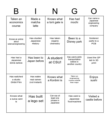 Study Abroad Japan Bingo Card