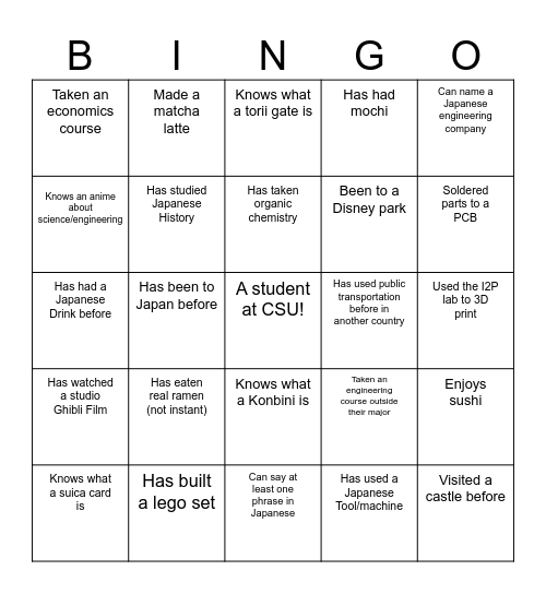Study Abroad Japan Bingo Card